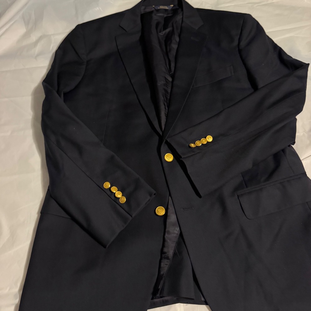 Brooks Brothers Mens 1818 Madison Saxxon Wool Blazer 44 Navy Gold Crest Buttons
